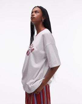 Topshop Topshop jersey oversized Valencia sports T-shirt with burgundy ringer in white