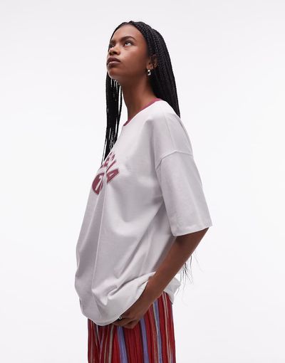Topshop Topshop jersey oversized Valencia sports T-shirt with burgundy ringer in white