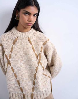 Topshop Topshop knit argyle sweater with leather strap detail in brown-Neutral