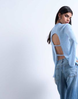 Topshop Topshop knit back cut out top in blue-pink