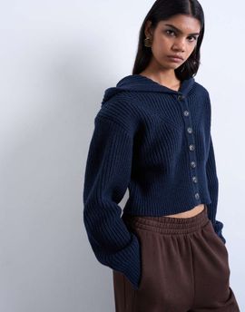 Topshop Topshop knit button through shoulder pad hoodie in navy-Neutral