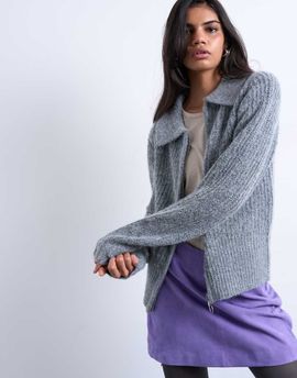 Topshop Topshop knit collar zip ring cardi in gray