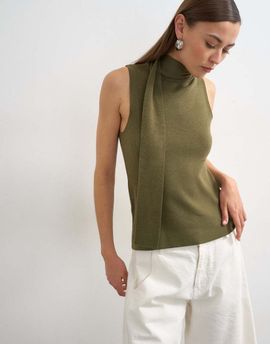 Topshop Topshop knit drape scarf detail top in khaki-Multi
