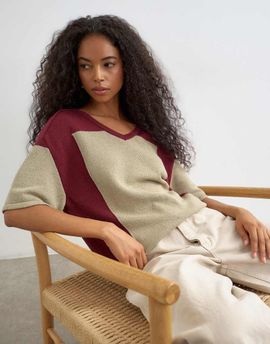 Topshop Topshop knit drawstring color block top in red berry and khaki-Multi