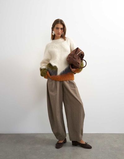 Topshop Topshop knit hairy abstract color block striped crew neck sweater in ivory multi-Neutral