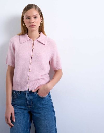 Topshop Topshop knit half sleeve collared cardigan in light pink