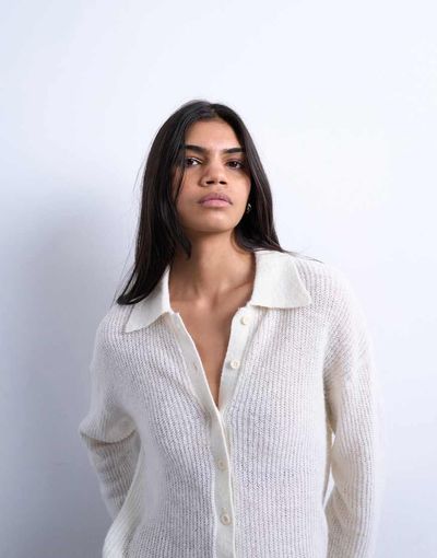 Topshop Topshop knit lofty collared cardigan in ecru-White