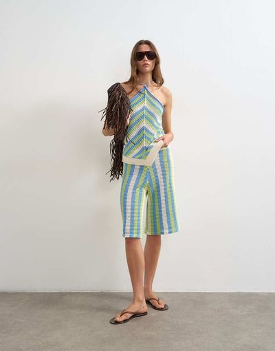 Topshop Topshop knit mix striped longline jorts in green and blue multi - part of a set