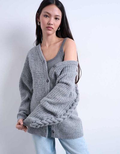 Topshop Topshop knit oversized cable sleeve slouchy cardigan in gray