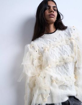 Topshop Topshop knit plaid ribbon sweater in ivory-White