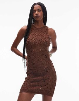 Topshop Topshop knit premium crochet mini dress in chocolate-Brown