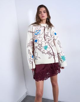 Topshop Topshop knit premium oversized embroidered sweater in ivory-White
