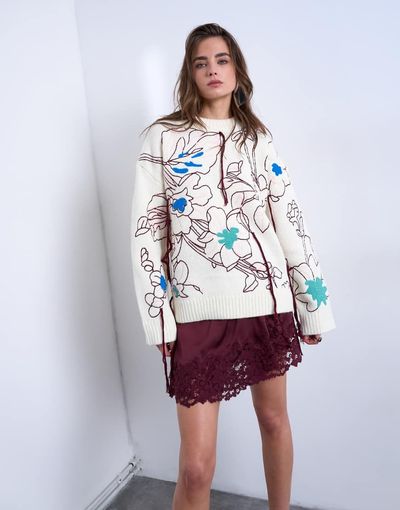 Topshop Topshop knit premium oversized embroidered sweater in ivory-White