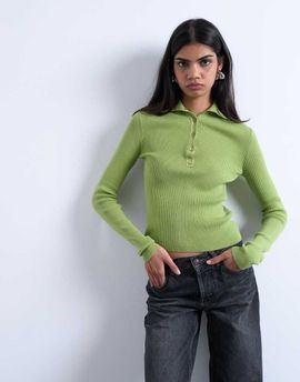 Topshop Topshop knit ribbed collar polo in green