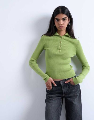 Topshop Topshop knit ribbed collar polo in green