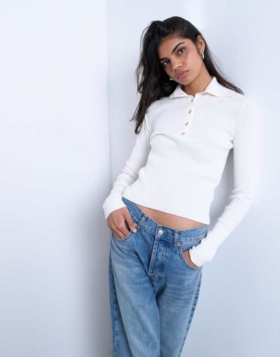 Topshop Topshop knit ribbed collar polo in ivory-White