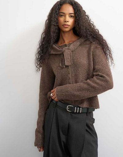 Topshop Topshop knit scarf cardigan with wool in pecan-Brown