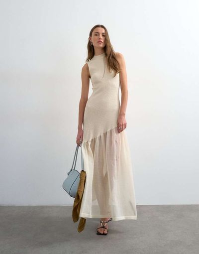 Topshop Topshop knit sheer mix dress in ivory-White