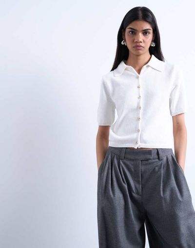Topshop Topshop knit short sleeve polo top in neutral