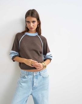Topshop Topshop knit short sleeve top with blue tipping in brown