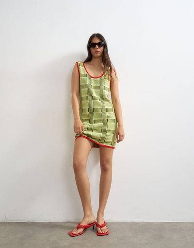 Topshop Topshop knit sleeveless plaid mini dress in green