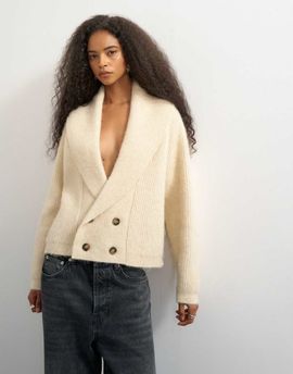 Topshop Topshop knit slouchy button front shawl collared cardigan in latte-Neutral
