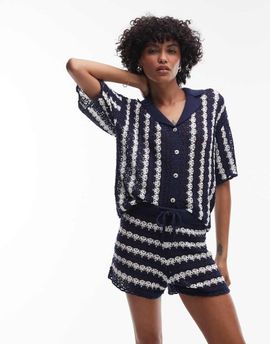 Topshop Topshop knit stitchy stripe shorts in blue and ivory - part of a set