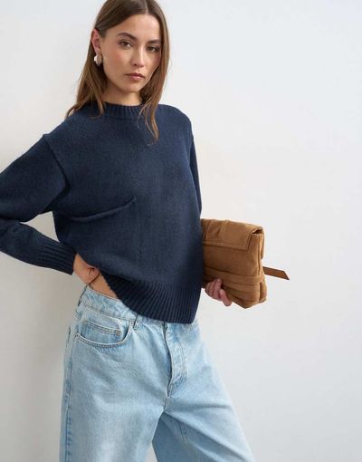 Topshop Topshop knit sweater with front pocket in midnight-Navy
