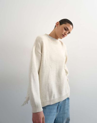 Topshop Topshop knit tassel trim sweater in ivory-Neutral