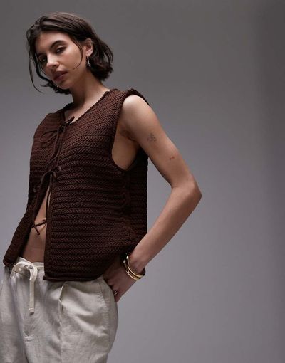 Topshop Topshop knit tie front vest in brown