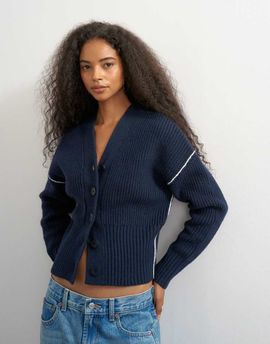 Topshop Topshop knit v-neck button front cardigan in midnight-White