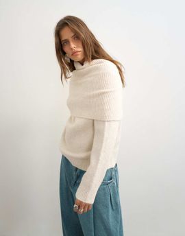 Topshop Topshop knit wool blend deep fold bardot sweater in ivory-Neutral
