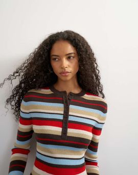 Topshop Topshop knit wool blend henley neck long sleeve top in multi stripes-Red