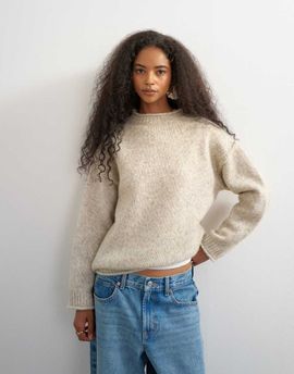 Topshop Topshop knit wool blend roll edge longline chunky sweater in oat-Neutral