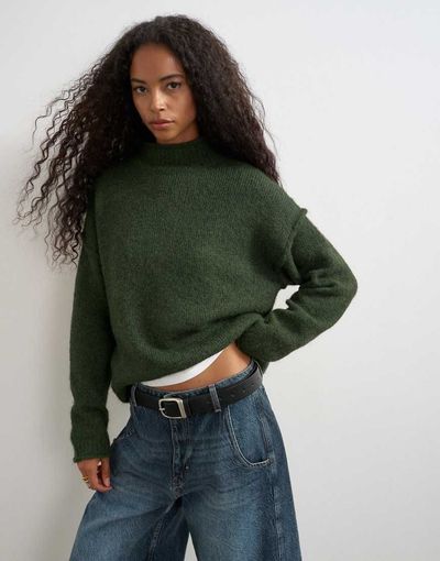 Topshop Topshop knit wool blend roll edge longline chunky sweater in olive-Green