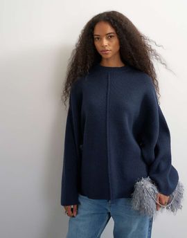 Topshop Topshop knitted boxy wide sleeve button detail sweater in midnight-Navy