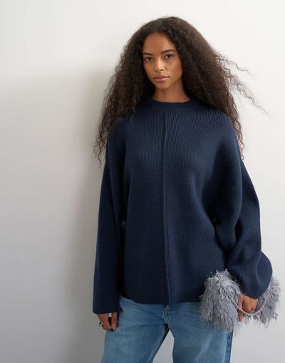 Topshop Topshop knitted boxy wide sleeve button detail sweater in midnight-Navy