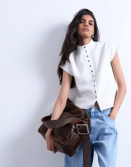 Topshop Topshop knitted compact cap sleeve vest in Ivory-White