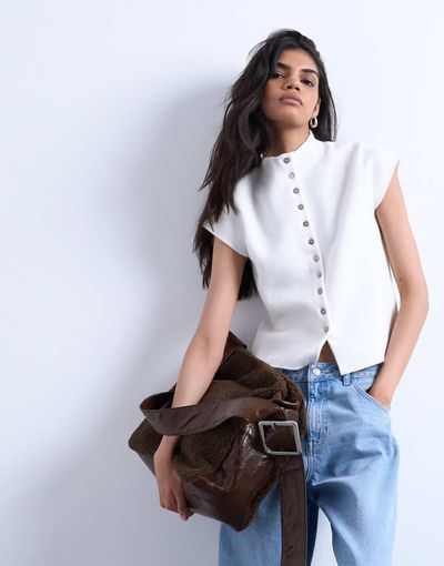 Topshop Topshop knitted compact cap sleeve vest in Ivory-White
