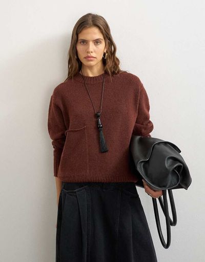 Topshop Topshop knitted crew neck front pocket sweater in cinnamon-PURPLE