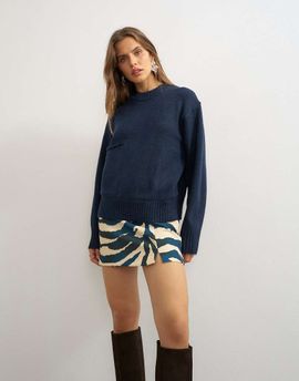 Topshop Topshop knitted crew neck front pocket sweater in midnight-Navy