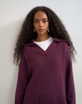 Topshop Topshop knitted curved hem collared polo sweater with wool in mulberry-PURPLE