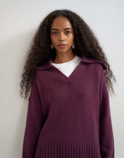 Topshop Topshop knitted curved hem collared polo sweater with wool in mulberry-PURPLE