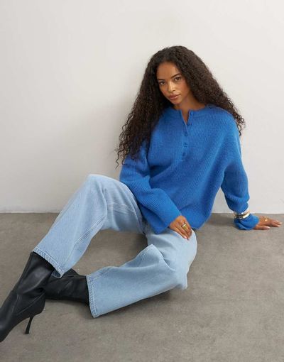 Topshop Knitted Easy Henley Sweater In Cobalt Blue-Green