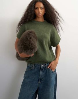 Topshop Topshop knitted fluffy short sleeve top with wool in khaki-Green