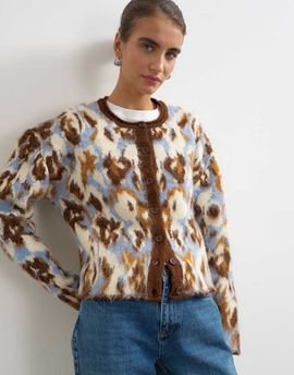 Topshop Topshop knitted hairy crew neck cardigan in blue floral-MULTI