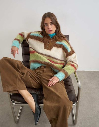 Topshop Topshop knitted hairy stripe polo collared sweater in brown multi