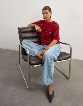 Topshop Topshop knitted half sleeve v neck sequin t-shirt in red