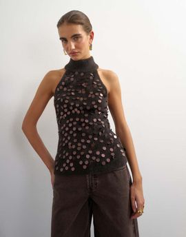 Topshop Topshop knitted halter neck sequin top in chocolate brown