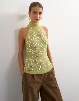 Topshop Topshop knitted halter neck sequin top in green
